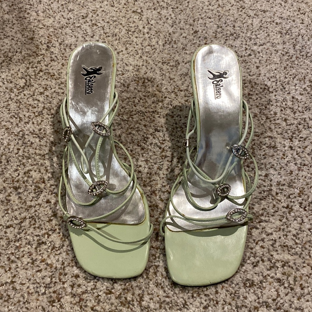 VTG Y2K 90s Square Toe Sparkly Rhinestone Strappy Sandal Kitten Heels Sage green